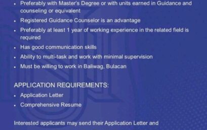 NU Baliwag is looking for a GUIDANCE COUNSELOR. NU Baliwag is looking for a GUIDANCE COUNSELOR.