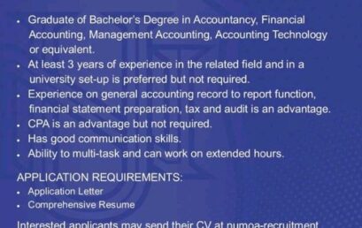 NU MOA is URGENTLY looking for an ACCOUNTING SUPERVISOR